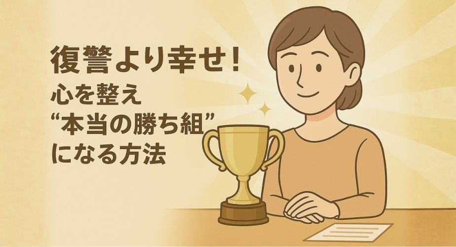 怒りを乗り越えて幸せを選んだ主婦のイラスト。金色のトロフィーと柔らかな光で前向きな印象を表現。