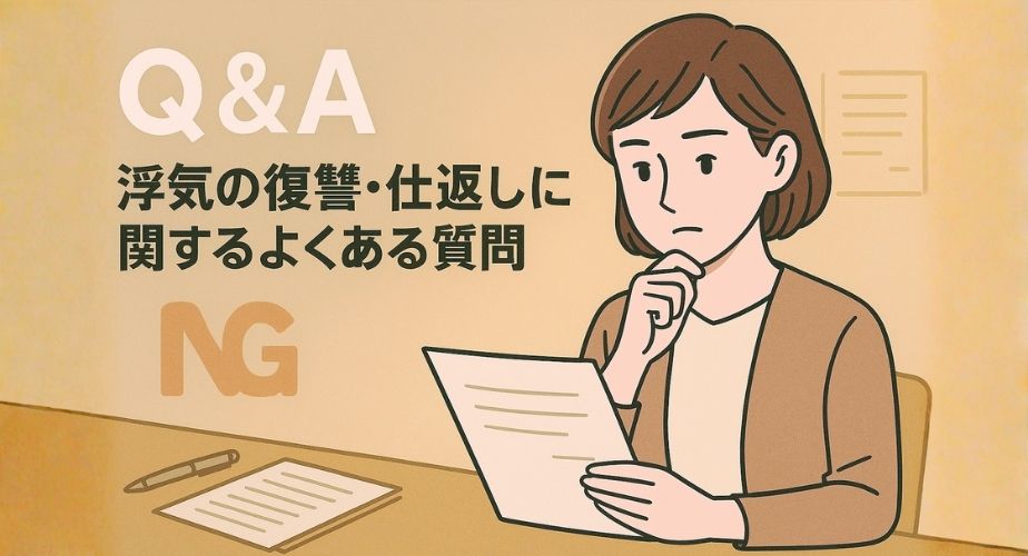 浮気や復讐に関する質問に真剣に向き合う主婦のイラスト。落ち着いたトーンで信頼感を演出