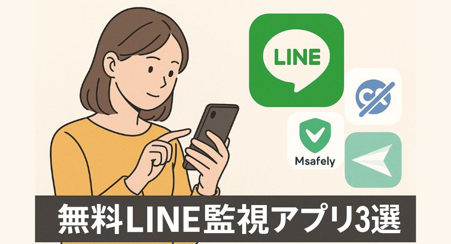 スマートフォンを操作する女性のイラストの背景に、LINE、Msafely、SPYX、AirDroidのアイコンが配置され、「無料LINE監視アプリ3選」の文字が帯状に表示された画像。