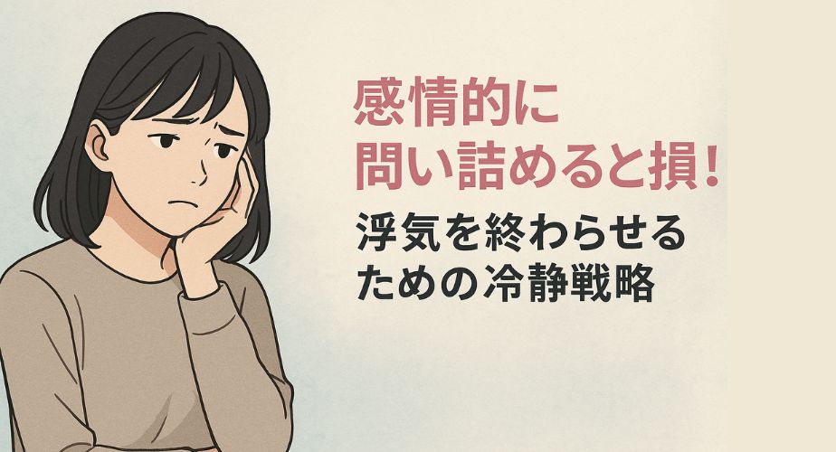 alt="悩んだ表情の日本人女性が手で頬を支えながら考え込んでいる。背景に『感情的に問い詰めると損！浮気を終わらせるための冷静戦略』というタイトル文字。" 