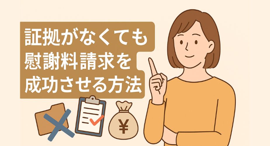 証拠がなくても慰謝料請求を成功させる方法を解説する主婦のイラスト。資料・お金・チェックマークのアイコンと共に説明する様子