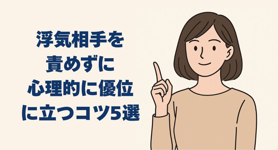 浮気相手を責めずに心理的に優位に立つコツ5選を伝える主婦のイラスト。穏やかな表情の女性と小さめの説明テキスト