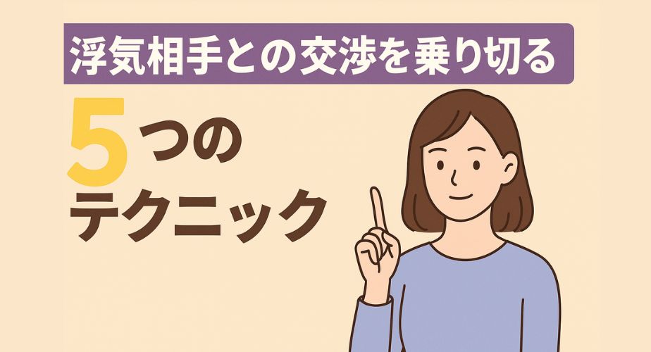 浮気相手との交渉を乗り切る5つのテクニックを示す主婦のイラスト。指を立てて落ち着いた表情を見せる女性