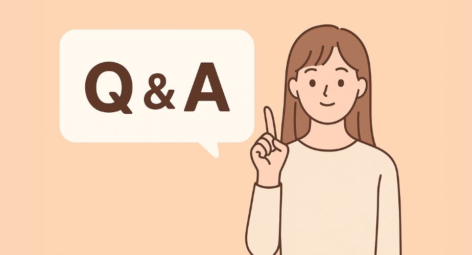 Q&Aコーナーを案内する主婦のイラスト。穏やかな表情の女性が指を立て、Q & Aの吹き出しが並ぶ
