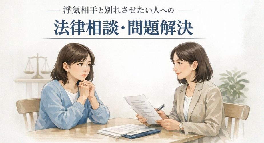 浮気相手と別れさせたいと悩む主婦が、冷静に相談員へ相談しているイラスト