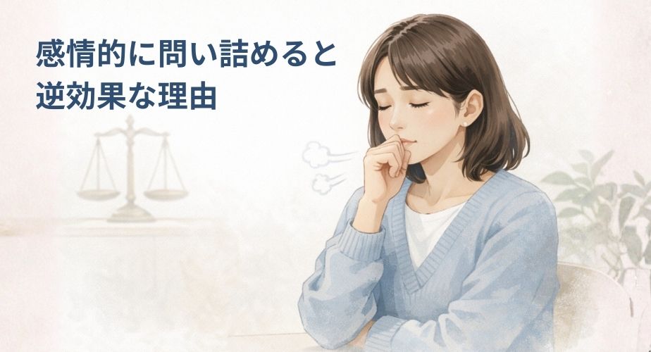 感情的に問い詰めず、冷静に考える主婦の様子を描いたイラスト