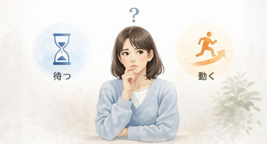 浮気問題で今動くべきか迷い、冷静に判断しようとする主婦のイラスト
