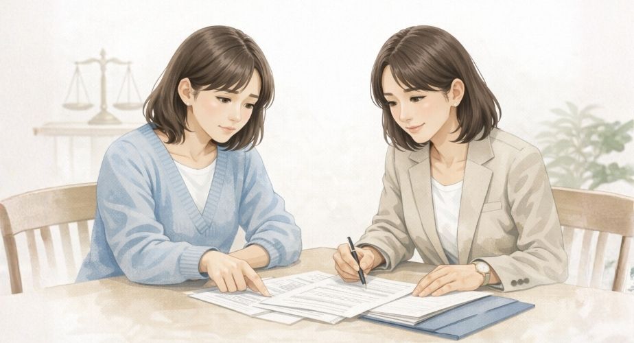 浮気問題の証拠となる資料を冷静に確認する主婦と相談員のイラスト