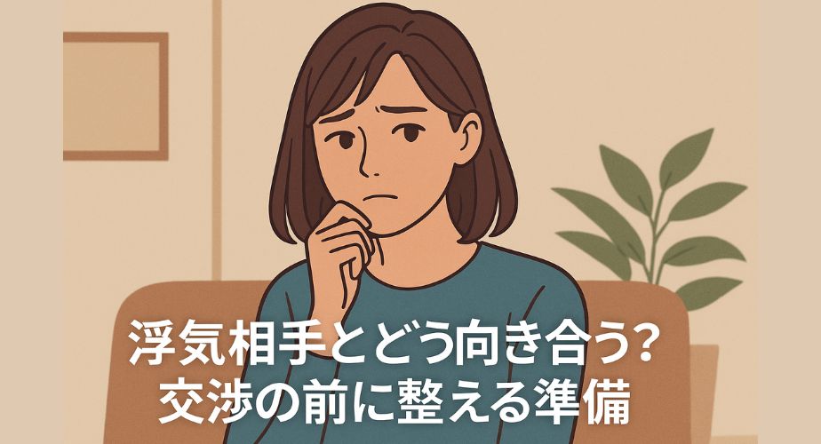 alt="浮気問題に悩む現代風の日本人女性がソファで考え込んでいる。落ち着いた室内背景に『浮気相手とどう向き合う？交渉の前に整える準備』というタイトルが表示されている。" 