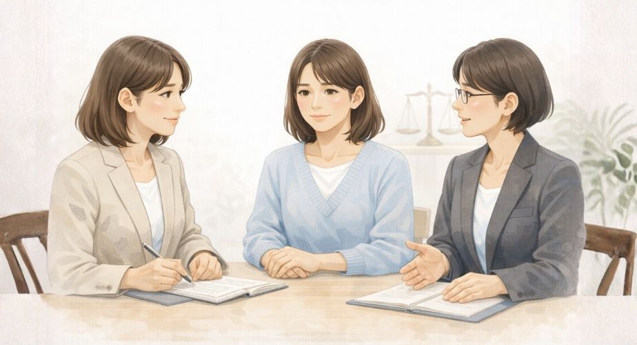 浮気問題を一人で抱え込まず相談する主婦のイラスト