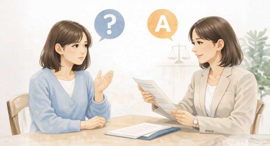 浮気問題について質問し、丁寧な説明を受ける主婦のイラスト