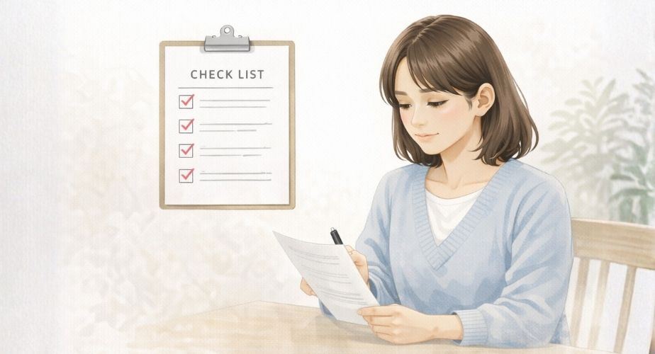 浮気問題で今必要な行動を冷静に確認する主婦のイラスト