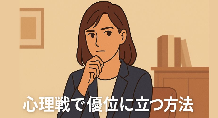 黒髪セミロングの日本人女性が落ち着いた表情で資料を見つめている。背景は静かな室内。冷静かつ知的に浮気問題に対処する姿を描いたイラストで、心理戦の重要性を伝える16:9の画像。