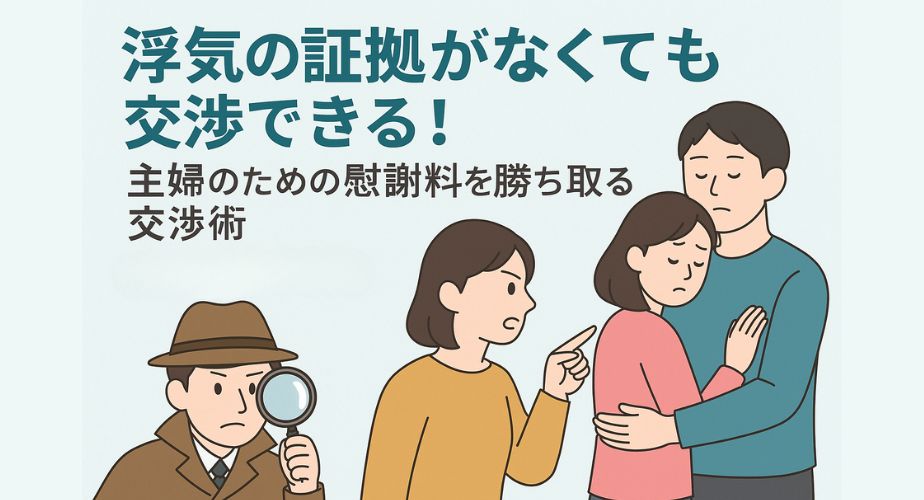 浮気の証拠がなくても冷静に交渉する主婦のイメージ。落ち着いた表情の女性と、交渉の場面を想起させるシンプルで安心感のある背景。