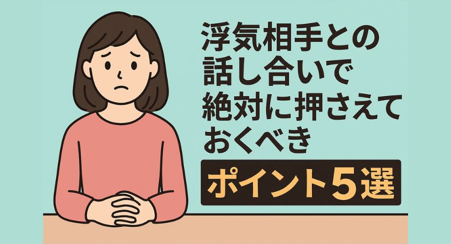 浮気相手との話し合いで冷静に対応する主婦のイラスト。落ち着いた表情の女性が交渉に臨む場面を描いた16:9比率のアイキャッチ画像
