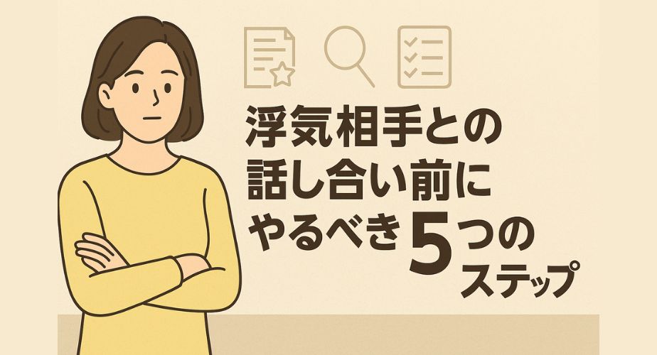 浮気相手との話し合い前にやるべき5つのステップを冷静に考える主婦のイラスト。落ち着いた表情の女性とポイントを示す図解が並ぶ