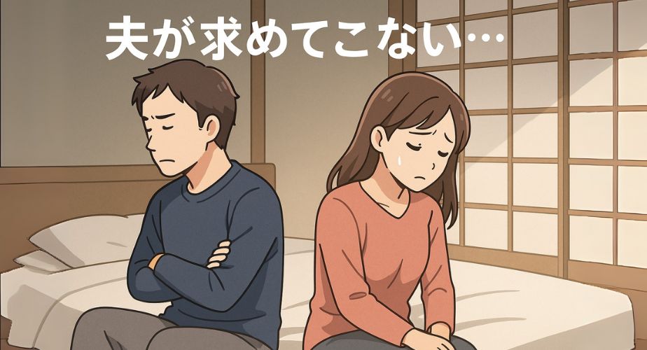背を向けた夫と寂しげな表情の妻がいる寝室のイラスト