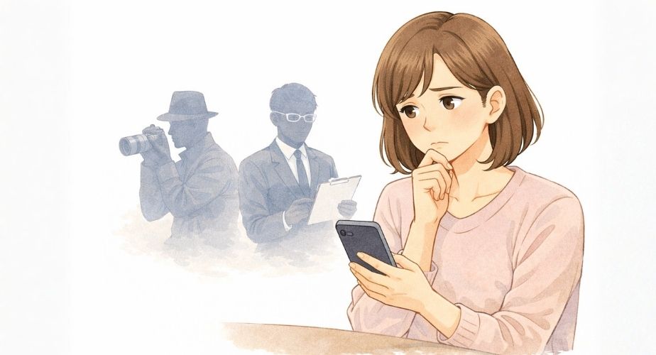 浮気の可能性を冷静に考え、証拠について悩む主婦のイラスト