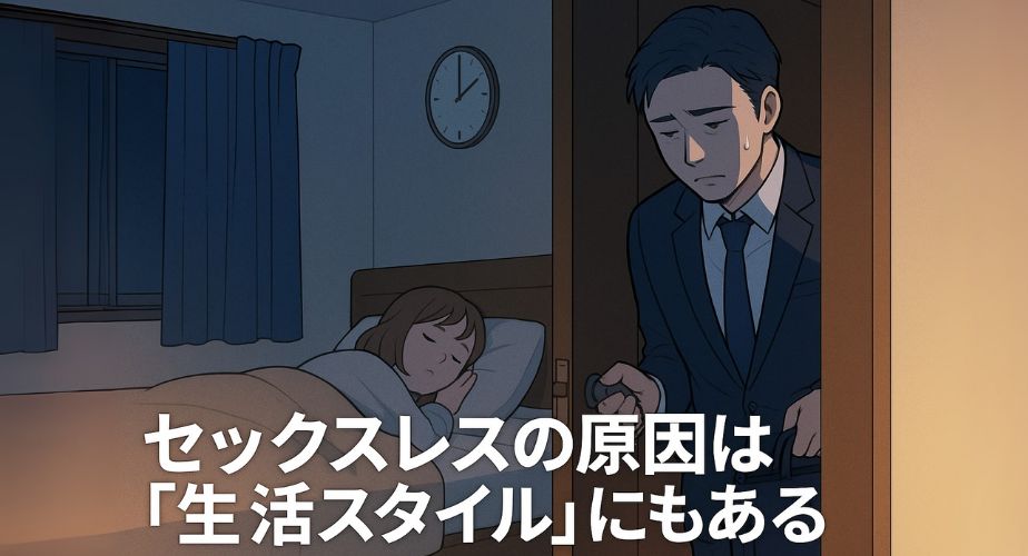 深夜に帰宅しそっと寝室を覗く男性のすれ違いを描いたイラスト