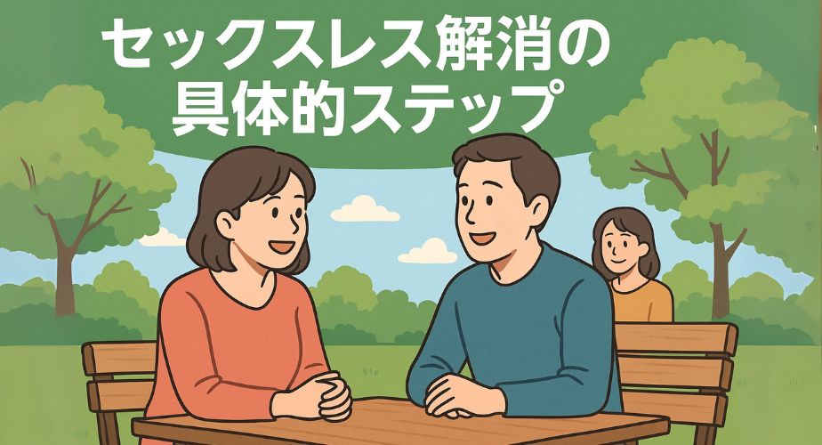笑顔で向かい合い会話する中年夫婦の前向きな関係改善を描いたイラスト
