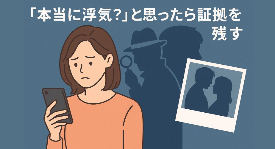 浮気を疑いスマホを見つめる女性と、調査を連想させる探偵の影のイラスト