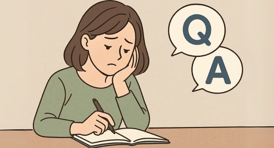ノートを手に悩みを整理する女性と質問回答アイコンのイラスト