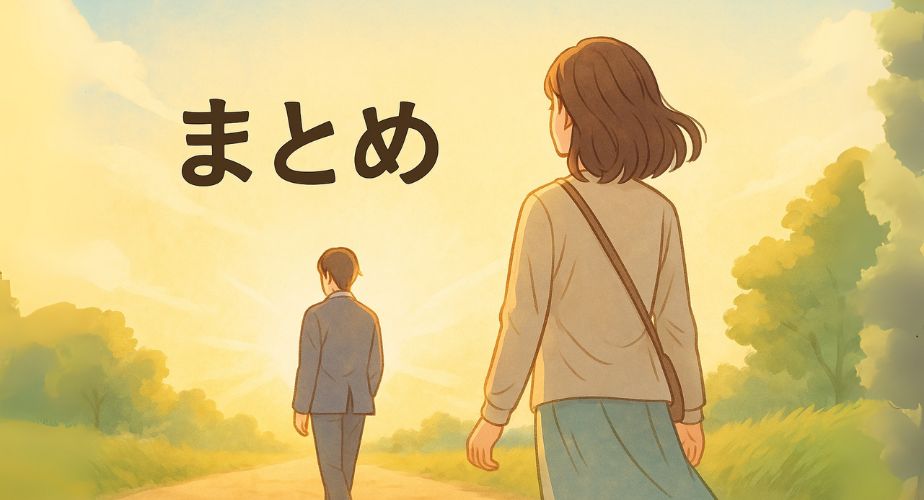 前を向いて歩く女性の後ろ姿と明るい朝の風景のイラスト
