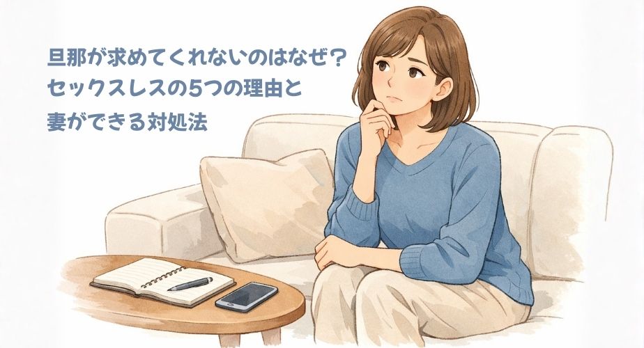 夫が求めてこない理由に悩み、冷静に考える主婦のイラスト