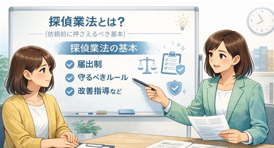 探偵業法の基本を相談員が主婦に説明しているイラスト