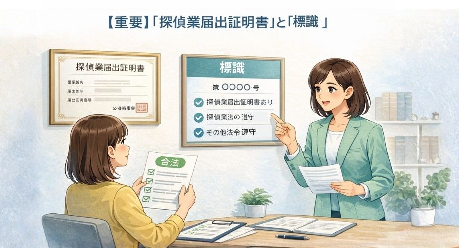 探偵業の届出証明書や標識を確認する様子のイラスト