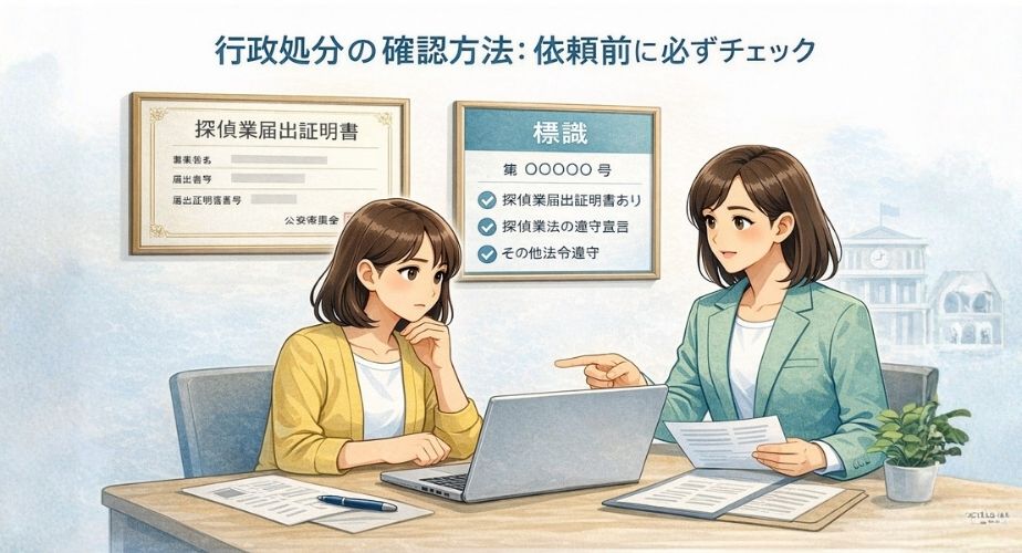 探偵業者の行政処分情報を事前に確認しているイメージイラスト