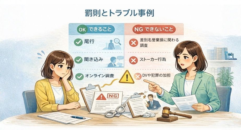 探偵業法違反によるトラブルや罰則をイメージしたイラスト