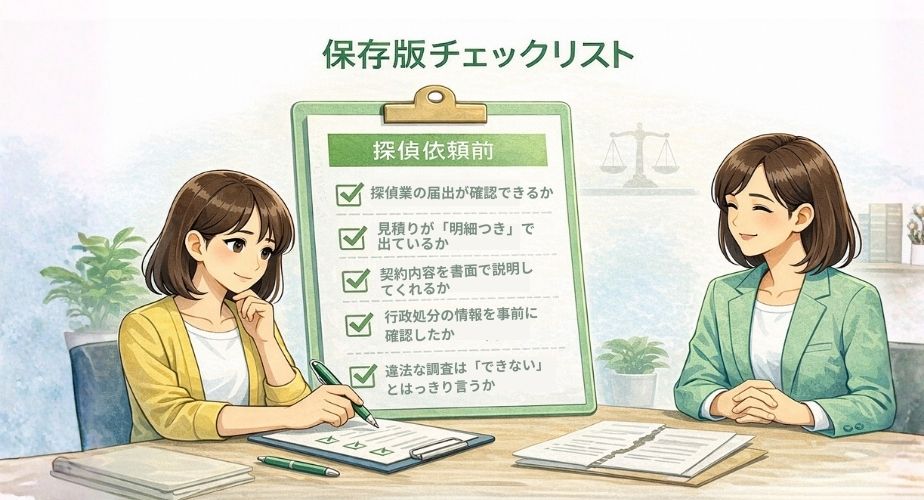 探偵に依頼する前のチェックリストを確認しているイラスト