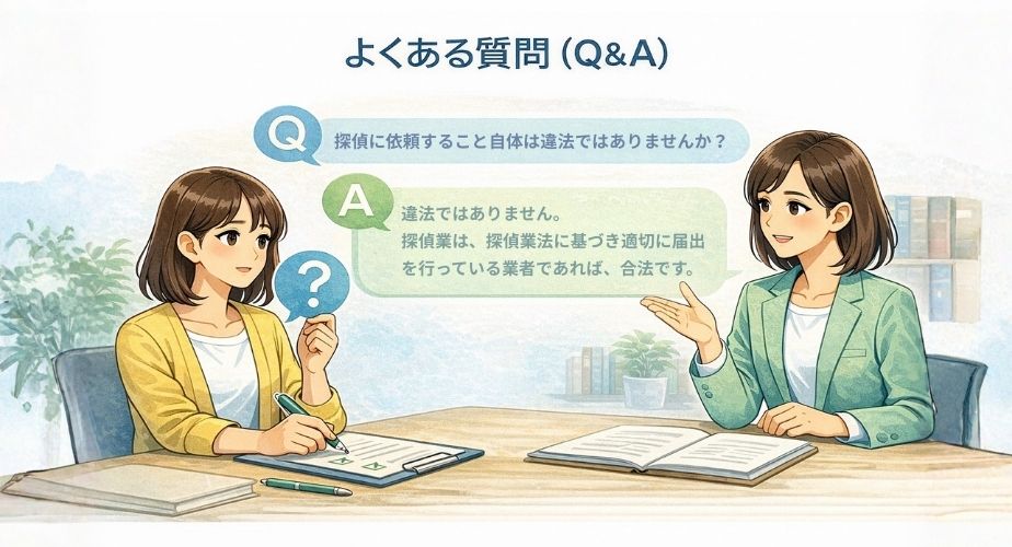 探偵業法に関する質問に相談員が答えているイメージイラスト