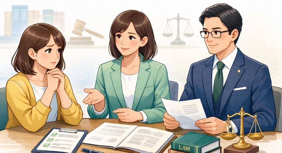 探偵業法について主婦が相談員と弁護士に相談しているイメージイラスト